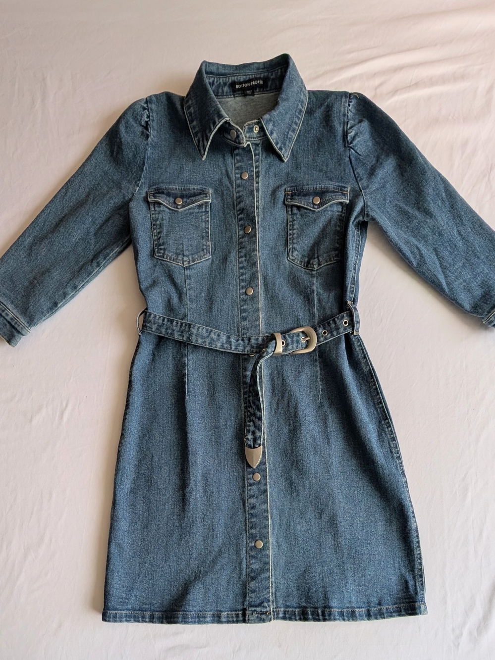 Boston Proper Three Quarter Sleeve Belted Denim Shirt Dress